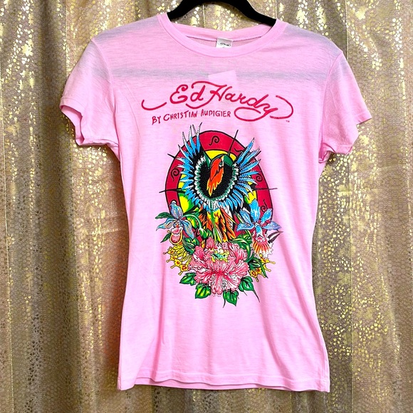 Ed Hardy Tops - VTG NWT Ed Hardy hummingbird rhinestone design pink t-shirt, size L